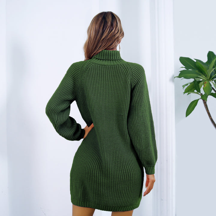 Woman in roll neck knitted jumper dress