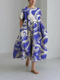 Thea |  Fashion Blue Octopus Print Loose Round Neck Medium Length Skirt Dress