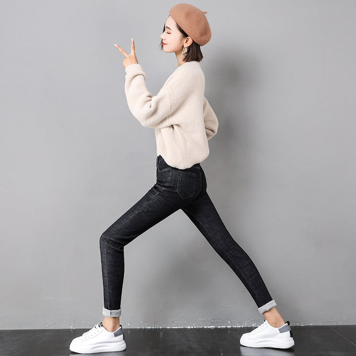 Woman in fleece-lined skinny jeans