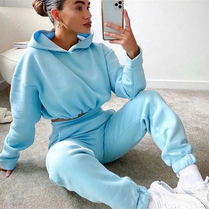 Woman in cropped hoodie and joggers