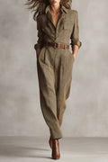 Ember - Brown Sophisticated Tweed Texture Plaid Utility Jumpsuit