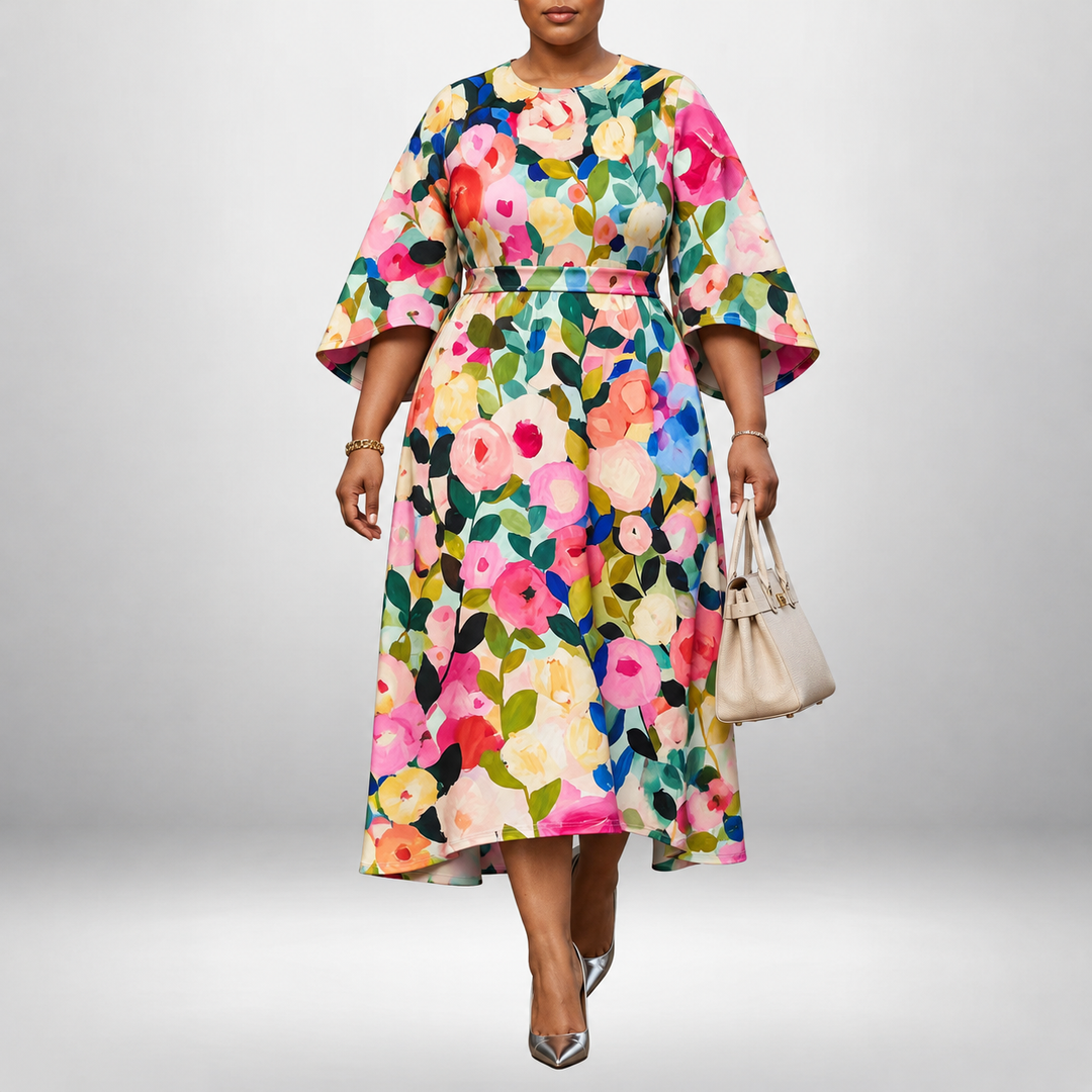 BONNIE | Bloom Print Midi with Sculpted Waist and Flowing Grace