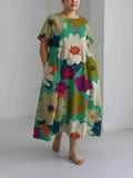 Maybelle | Colorful Floral Loose Round Neck Medium Length Skirt Dress