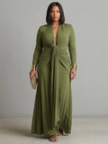 Petra Green Long Dress in Stretch Silk with Deep V-Neck and Ruffled Details, Glamour Maxi Dress