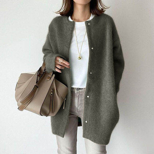 Woman in long fuzzy knit cardigan