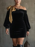 Black Velvet and Gold Satin Patchwork Off-Shoulder Mini Dress
