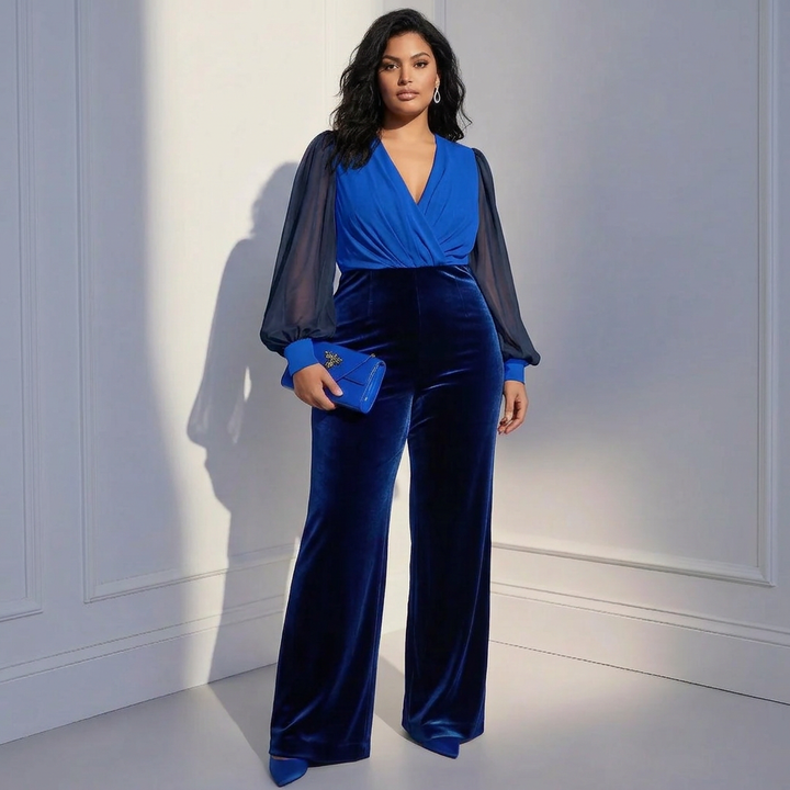 Blue mesh V-neck long sleeve velvet jumpsuit
