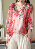 Estelle - Boutique Pink V Neck Print Loose Fall Half Sleeve Blouses