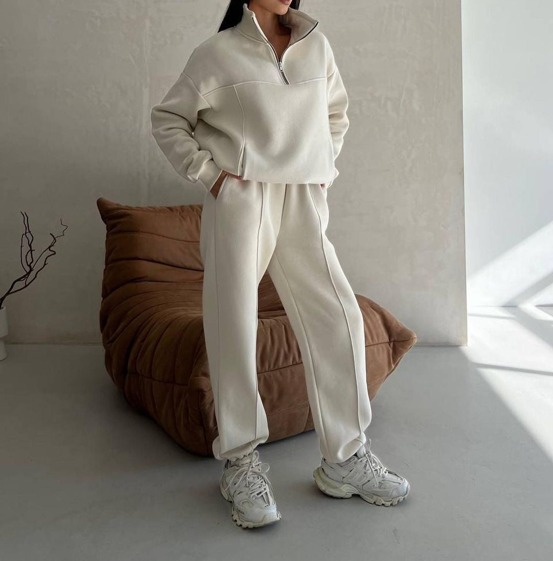 Woman in a fleece half-zip tracksuit