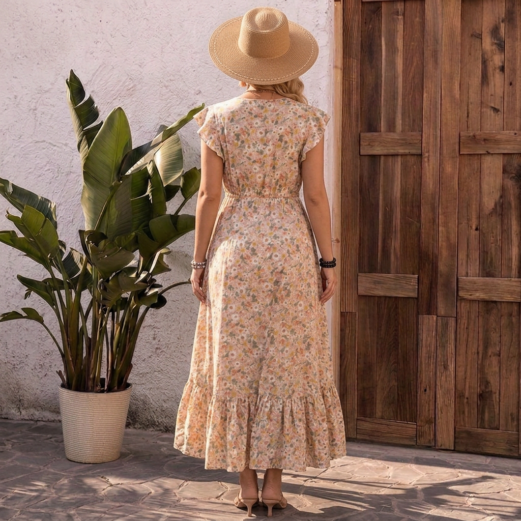 Elara - Floral Ruffle V-Neck Maxi Dress