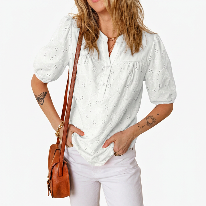 Maia - White Eyelet Embroidered Puff Sleeve Blouse