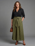 Tabitha | Two Piece Set Black Blouse Olive Green Midi Skirt