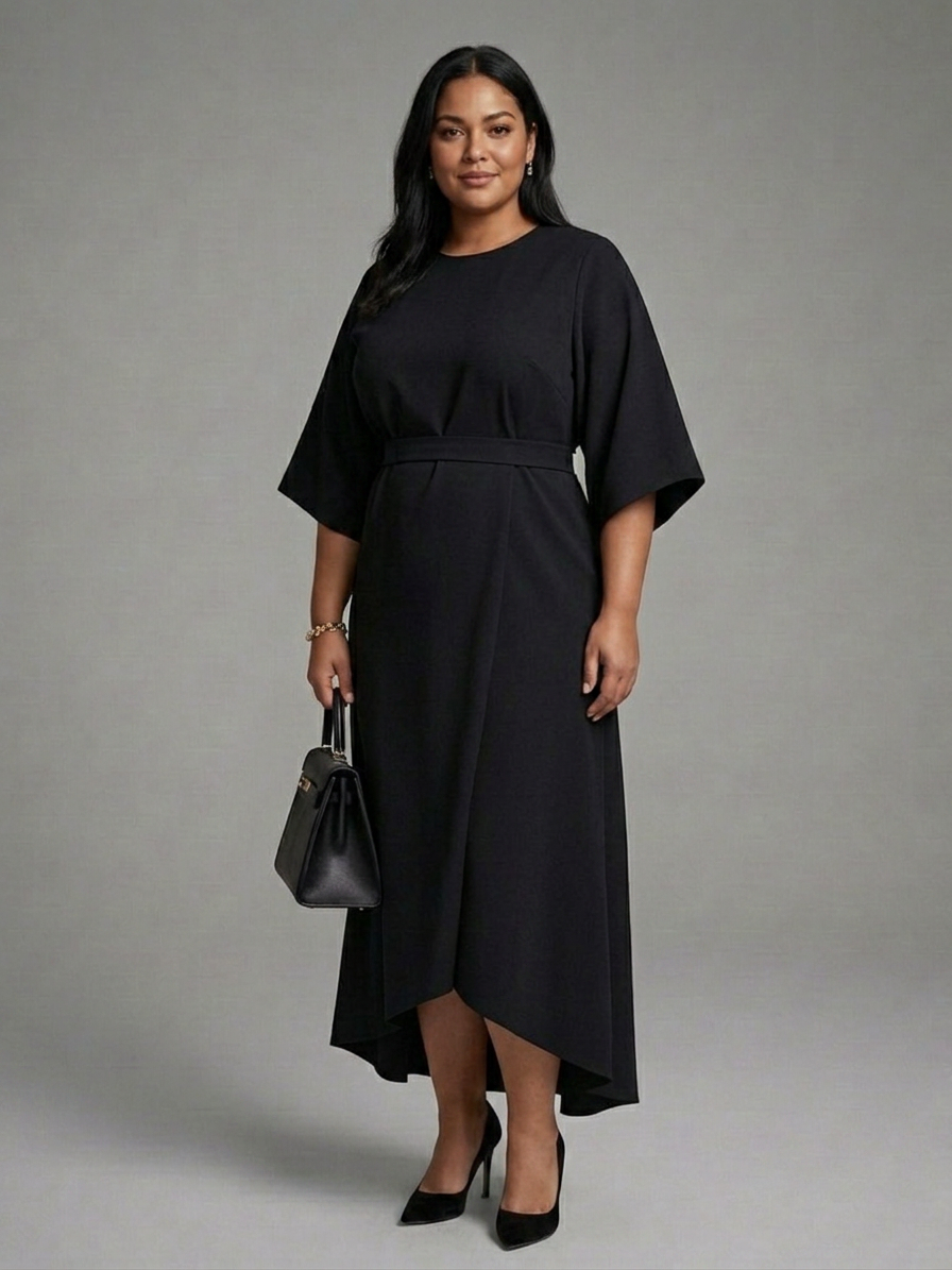 Amina | Asymmetrical Midi Dress with Coat Sleeve and Defined Waist