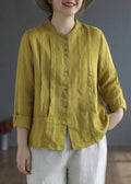 Marguerite - Women Yellow Elegant Button Fall Top Long Sleeve Linen