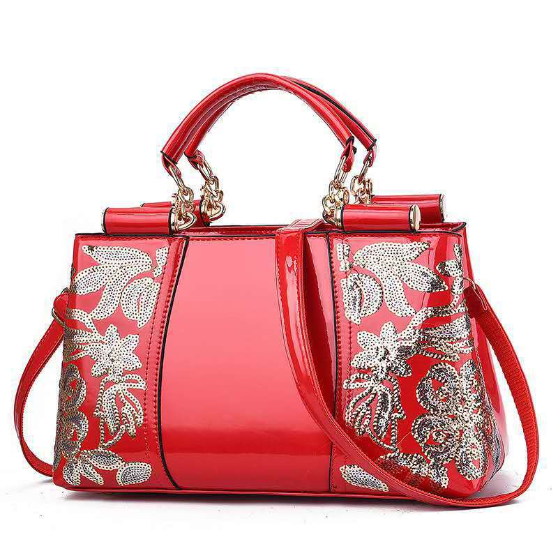 Sequin embroidered patent evening handbag