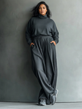 Women's Charcoal Knit Set with High Neck and Wide Leg Trousers