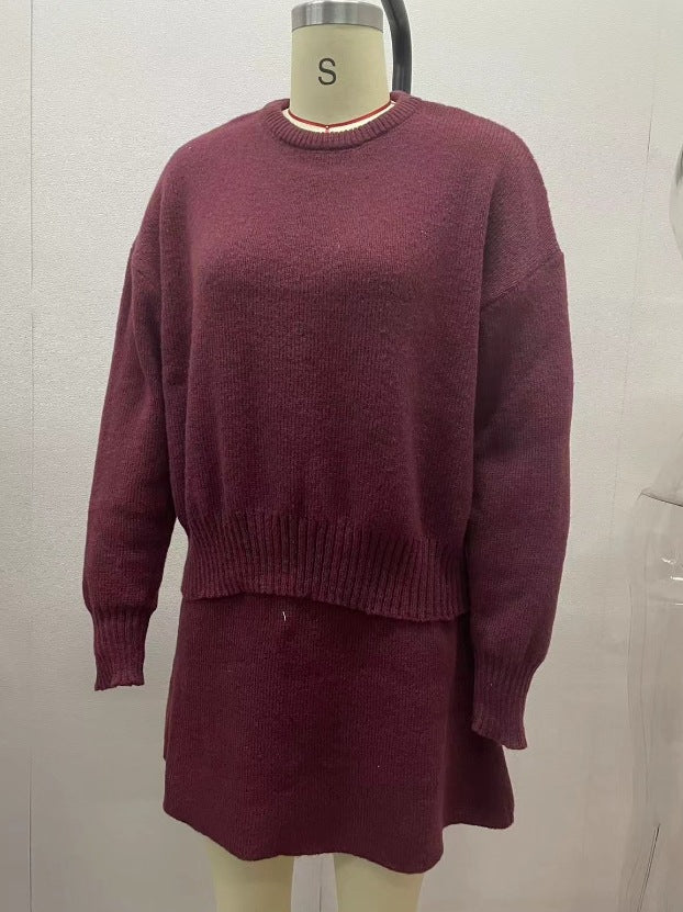 Woman in matching knitted jumper and mini skirt