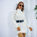Woman in roll neck knitted jumper dress