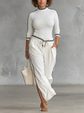 Women's Two-Piece Set: Long Sleeve Sporty T-Shirt with High Neck and Loose Trousers with Drawstring
