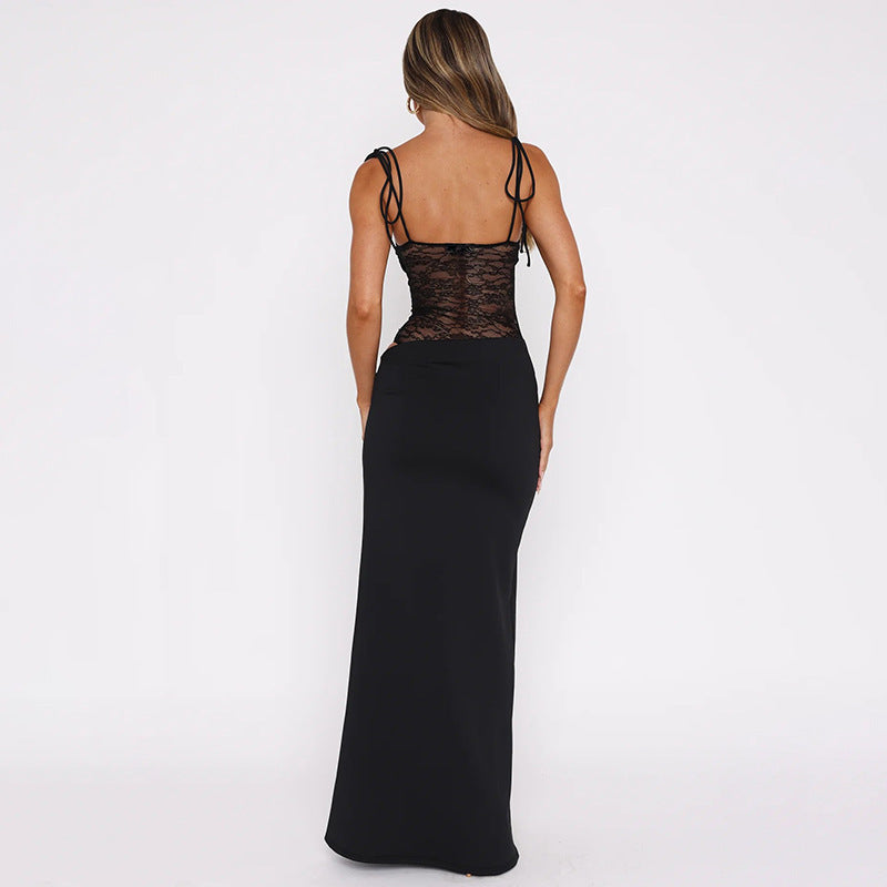 Woman in a lace maxi slip dress