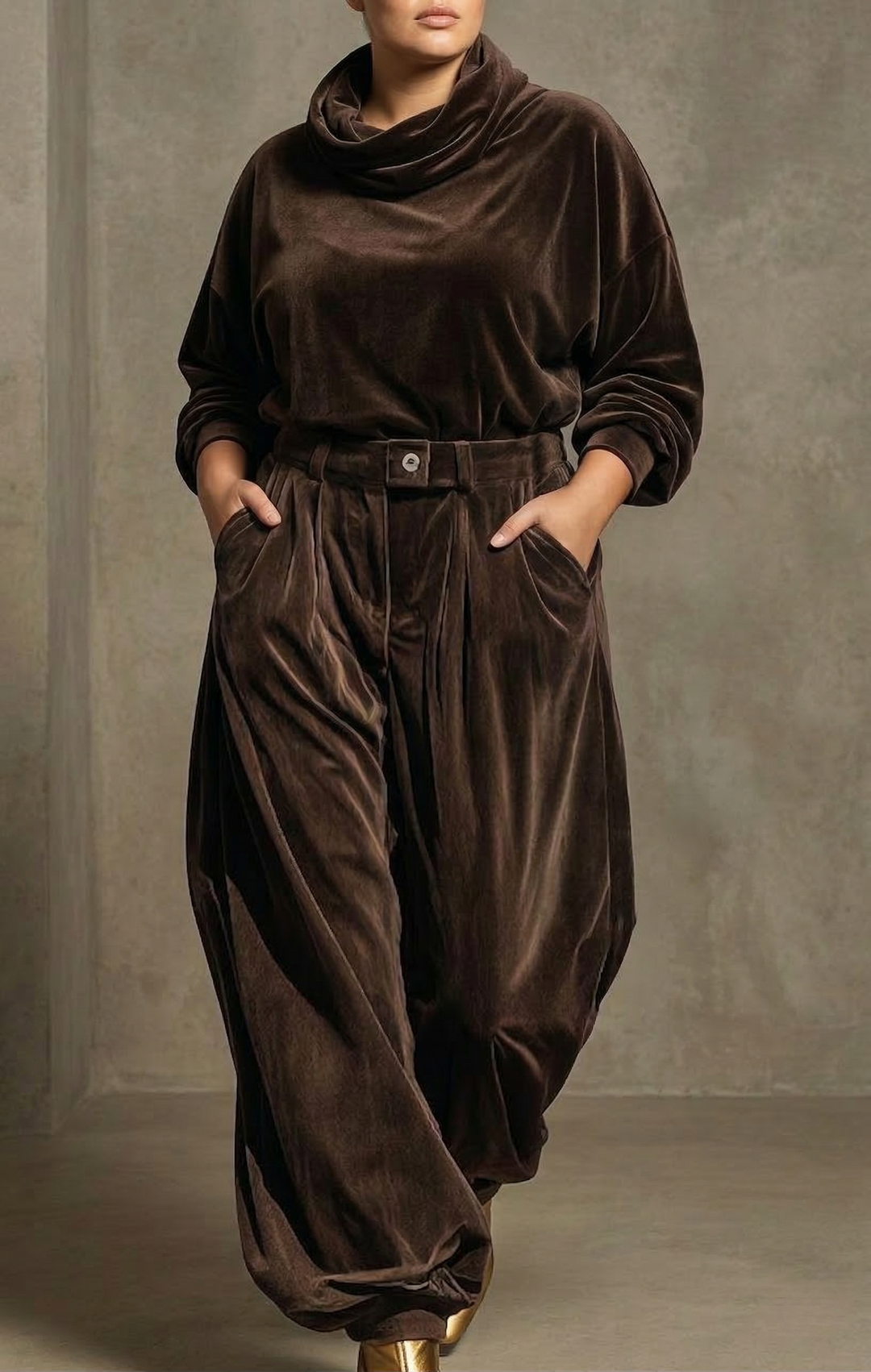 Vintage brown velvet hoodie and loose Trousers set (Includes belt)