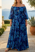 Colette - Long dress with Floral pattern and off-the-shoulder sleeves