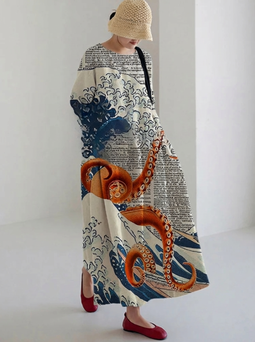 Dahlia | Casual Janpanese Octopus Print Long Sleeve Midi Dress